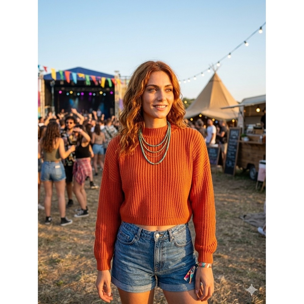 Teenbell Burnt Orange Cropped Shaker Stitch Mock Neck Sweater Medium
